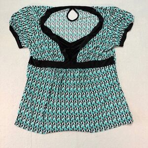 Maurices Teal Blouse Geometric Print Keyhole‎ Neck Top Short Sleeve Size S